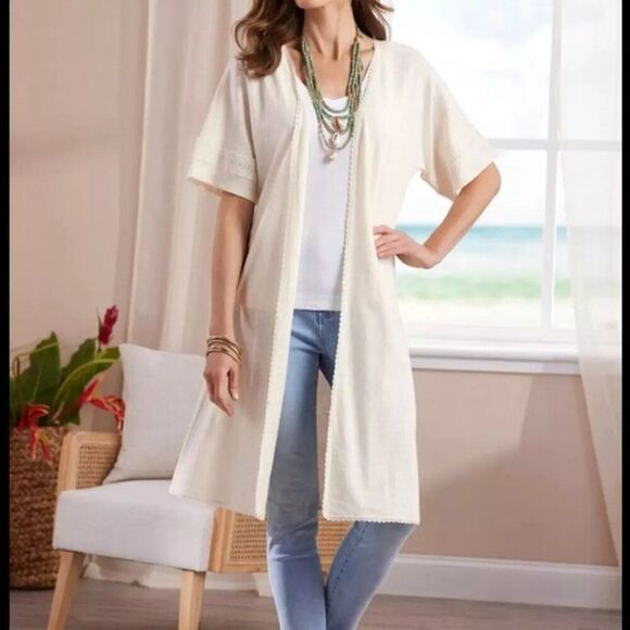 Soft Surroundings Linen Cotton Open Front Duster Long Line Cardigan Sweater XS - Picture 4 of 16